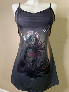 Lewkin Floral Print Slip Dress in Dark Green and Black. M
